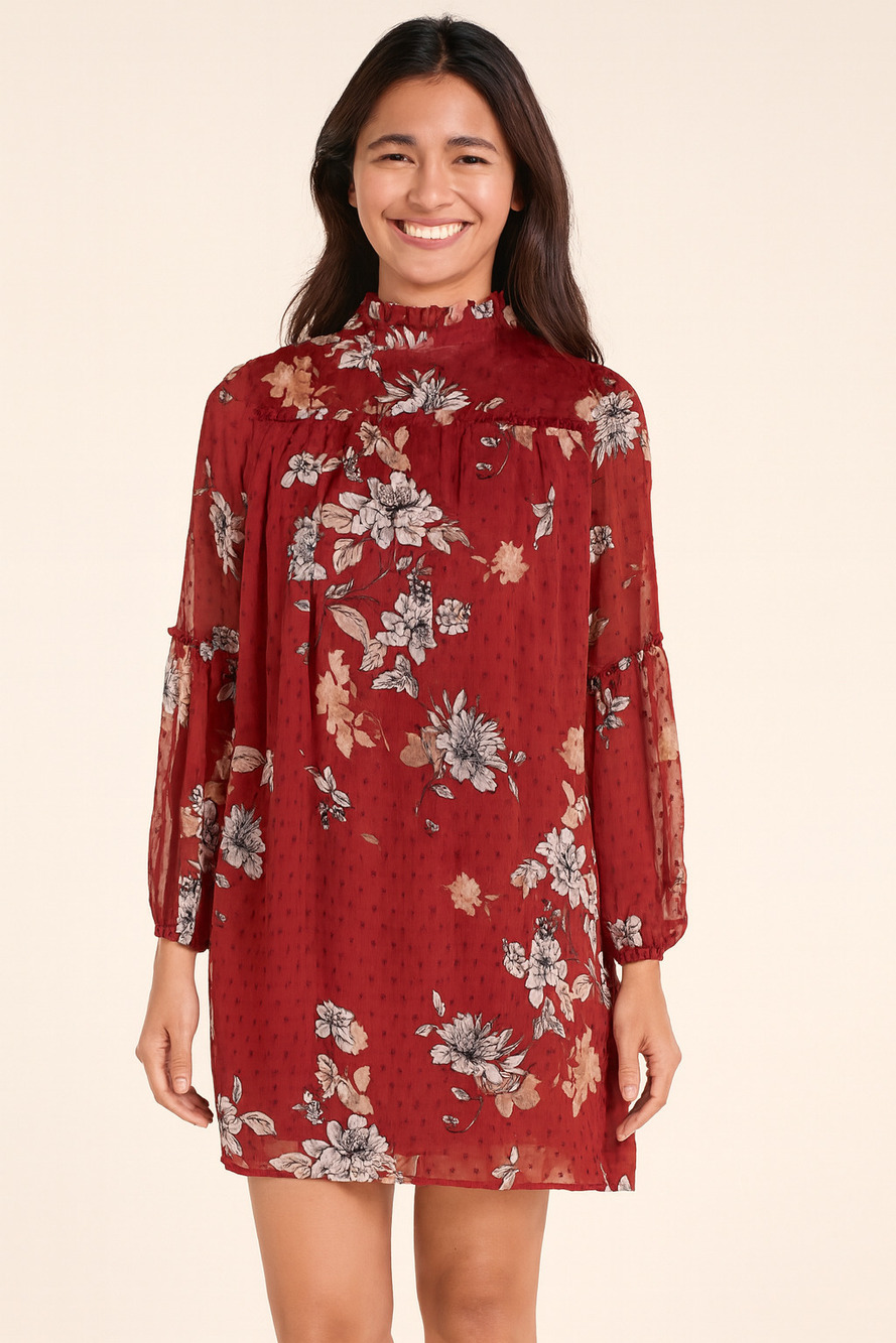 Japna Red Floral Boho Semi Sheer Ruffle Neck Long Sleeve Shift Dress Size Small